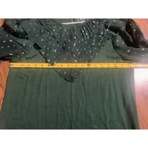 Loft Blouse Womens L Large Green Silver Shimmer Dotted Ruffle Yoke Mixed Media thumbnail 6