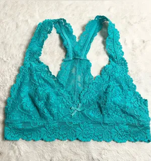 Teal Blue Lace Racerback Bralette Size Medium Aqua Wireless Comfort Lacy Stretch thumbnail 1