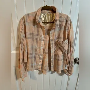 Free People Cotton Cropped Plaid Coral Light Pink Peach Button Down thumbnail 2
