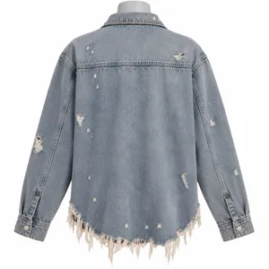 Zara Distressed Frayed Hem Denim Shirt Jacket Light Wash Blue XL Oversized thumbnail 3