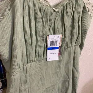 NWT Women’s Sage Green Mini Dress Lace Strap Boho Sundress thumbnail 3