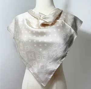 Elegant Beige Satin Polyester Scarf with Polka Dot and Diamond Pattern thumbnail 1