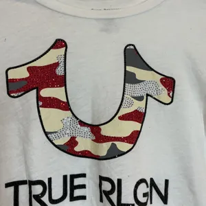 True Religion Graphic T-Shirt Womens XS White Excellent Camo Rhinestone Logo Tee thumbnail 2