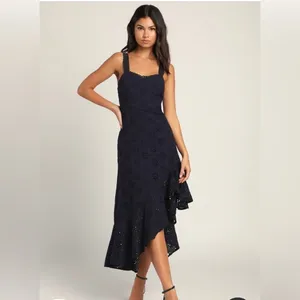 Lulus Navy Blue Holiday Sleeveless Trimmed Embroidered‎ Asymmetric Dress Sz M thumbnail 3
