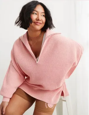 Aerie Beyond Quarter Zip Sweater‎ Women XS Pink Cotton Shaker Knit Pullover thumbnail 1