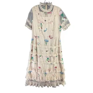 Cottagecore‎ Lace Tiered Midi Dress Embroidered Floral Prairie Fairy 2extremz L thumbnail 2
