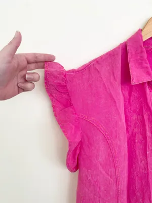 Umgee Hot Pink Ruffle Sleeve Collared Mini Shirt Dress S Small Barbiecore Boho thumbnail 6