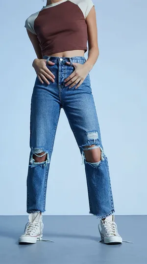 Pacsun Blue Distressed High Waisted Straight Leg Jeans Size 26 thumbnail 1