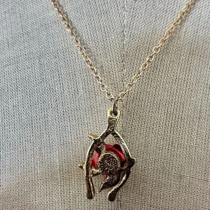 Vintage Gold-Tone Wishbone Red Rose Pendant Necklace thumbnail 3