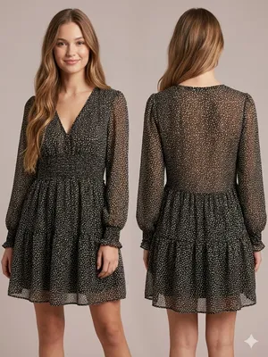 Zara Green & White Polka Dot Mini Dress – Long Sleeve Smocked Waist, Size M thumbnail 8