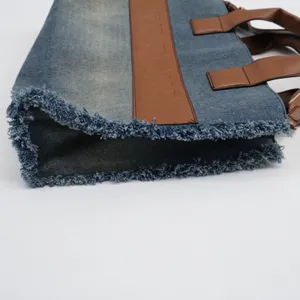 Steve Madden Tote Bag Women Blue Denim Frayed Log Large Satchel thumbnail 11