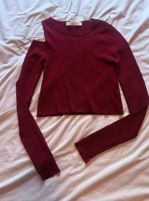 Burgundy Crop Top with Shoulder & Elbow Slit thumbnail 1