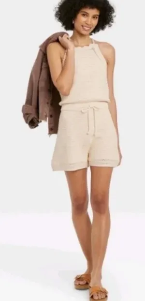 Universal Thread‎ Cream Sweater Knit Halter Romper Drawstring Waist Cream Medium thumbnail 1