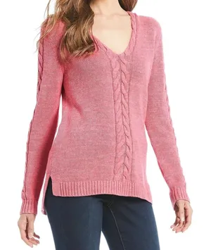 Tommy‎ Bahama Cable Knit Sweater Womens Small Pink Hooded Pullover Linen Cotton thumbnail 1