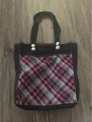 Vintage Pink Plaid Canvas Tote Bag Small Rhinstone Y2K thumbnail 1