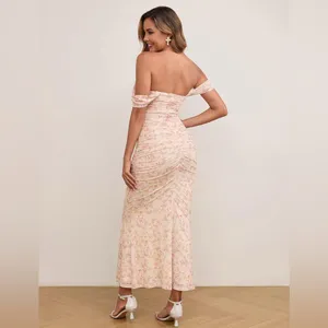 Women Off The Shoulder Maxi Long Dress Corset Ruched Bodycon Formal Dress thumbnail 3