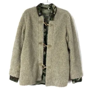 Free People Tan Camouflage Sherpa Jacket Toggle Button Cotton Womens Small thumbnail 1