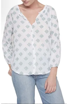 Roller Rabbit Embroidered Floral Peasant Blouse‎ Top V Neck Size XS White Teal thumbnail 1