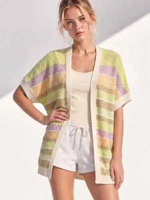 NEW Very J Open Front Cardigan Sweater SMALL Short Sleeve Striped Pastel Beige thumbnail 2