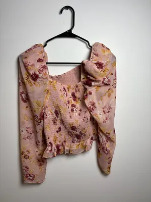 Express Women's Long Sleeve Floral Print Smocked Peplum Blouse thumbnail 3