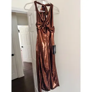 Lulus Lionette Dark Bronze Metallic Twist-Front Halter Midi Dress Size M thumbnail 3