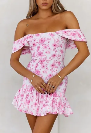 Hello Molly Off Shoulder Floral Mini Dress Pink thumbnail 1