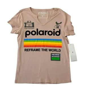Polaroid Reframe The World Graphic T-Shirt Tan V-Neck Short Sleeve Women Size‎ M thumbnail 1