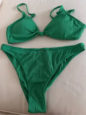 SHEIN Green Ribbed Knot-Front Bikini Set thumbnail 1