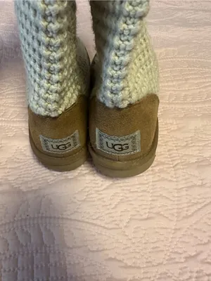 UGG Cream Knit Tall Heeled Boots with Chestnut Suede Trim thumbnail 3