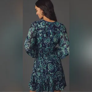 Anthropologie Long- Sleeve Somerset Mini Dress Blue floral navy thumbnail 2