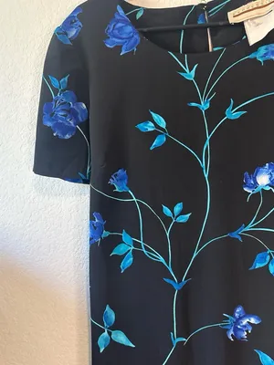 Expressions Black Maxi Dress with Blue Floral Print and tie back waist thumbnail 3