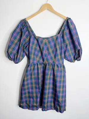 Old Navy Puff-Sleeve Blue Plaid Fit & Flare Taffeta Mini Dress Large Preppy Work thumbnail 2