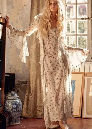 SPELL & THE GYPSY Fleur Frill Bias Maxi Dress Teapot Blue Floral‎ Bohemian Large thumbnail 1
