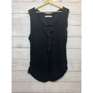 We The Free Free People Top Womens MEDIUM Black Linen Distressed Boho Cottage thumbnail 2