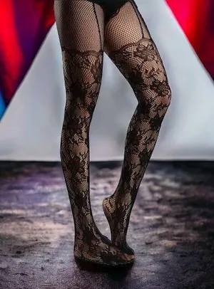 Black Floral Lace Fishnet Tights, Hot Elastic High Waist Pantyhose, Women's Stockings & Hosiery One Size 85% Polyamide 15% Elastane 7650219440+5 thumbnail 1