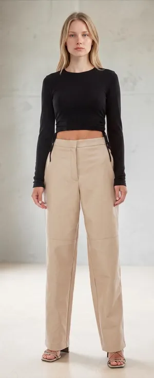 Wayf Faux Leather Pants Beige High Waisted Straight Leg XS NWT Trendy Minimalist thumbnail 1