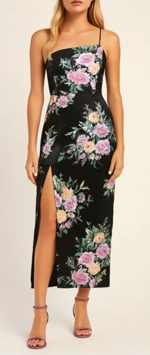 NWT Lulus Keepin' It Chic Black Floral Satin One-Shoulder Midi Dress Size Medium thumbnail 1