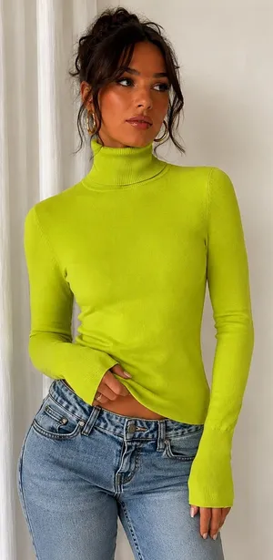 Boohoo Lime Green Turtleneck Sweater | Lightweight Knit Pullover US4 thumbnail 1