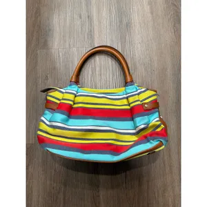 Kate Spade New York Striped Canvas‎ Satchel Bag Blue Yellow Red Tan Leather Trim thumbnail 2