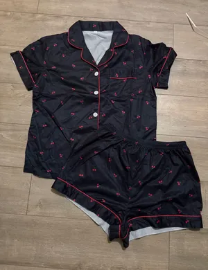 NIB- Black Cherry Print Satin Pajama Set Short Sleeve Button Down & Shorts Small thumbnail 1