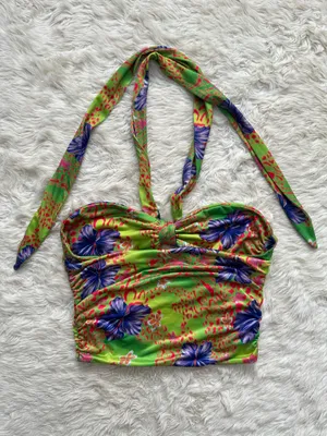 I.AM.GIA Top Isabella Halter Crop Top Cut Out Hibiscus Tropical Hawaiian Sz S thumbnail 2