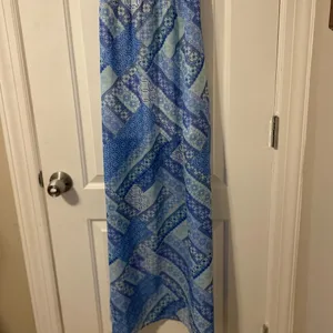 Iris Los Angeles Strapless Maxi Dress Womens Small Blue White Mosaic Lace Cutout thumbnail 2