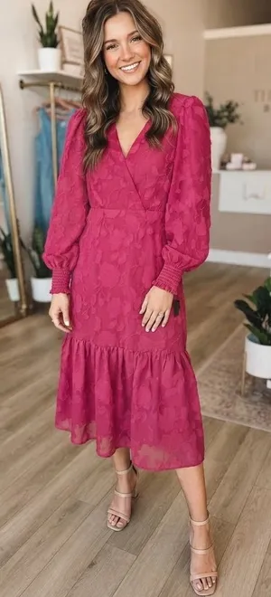 $99 NWT Lulus Essential Grace Magenta Chiffon Embroidered Midi Dress M thumbnail 1