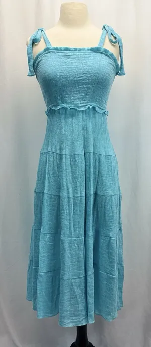 Altar’d State Floral Tiered Midi Sun Dress S Blue Green Tie Strap Smocked Bodice thumbnail 1