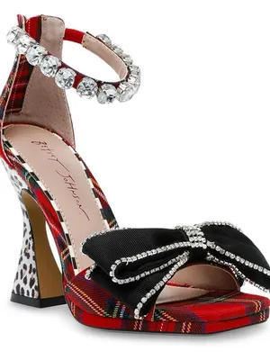 Betsey Johnson Guliana Red Plaid Black Bow Animal Print Heels Sz 8 Crystals Glam thumbnail 1