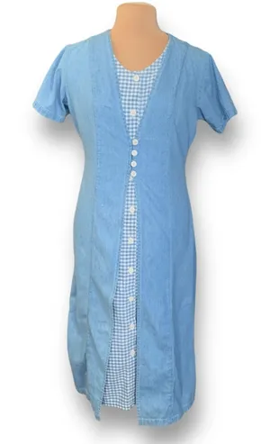 Vintage‎ 90s Chambray Gingham Plaid Midi Dress Button Front Cottagecore Medium Blue Size 10 thumbnail 1