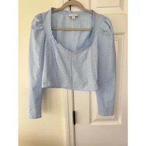 TOPSHOP Baby Blue Gingham Ruffle Sweetheart‎ Neck Crop Top Long Sleeve Size US 2 thumbnail 3