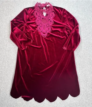 Entro Velvet Mini Dress Women's Small Red Lace Neck Scallop Hem 3/4 Sleeve thumbnail 1