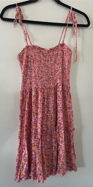 Pink Ditsy Floral Smocked Mini Dress Medium Tie Strap Cottagecore Summer Beach thumbnail 1