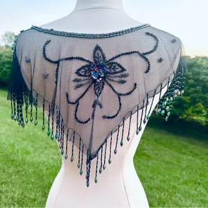 Vintage Beaded Black Mesh Caplet Collar Scarf with Fringe & Sequins thumbnail 7
